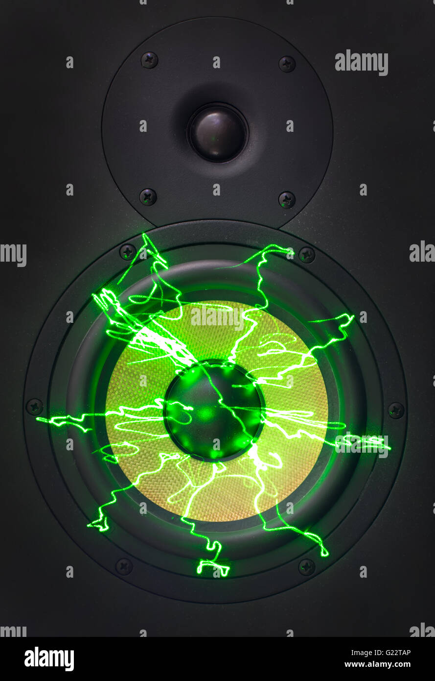 Music monitor speakers with green laser rays Stock Photo Alamy