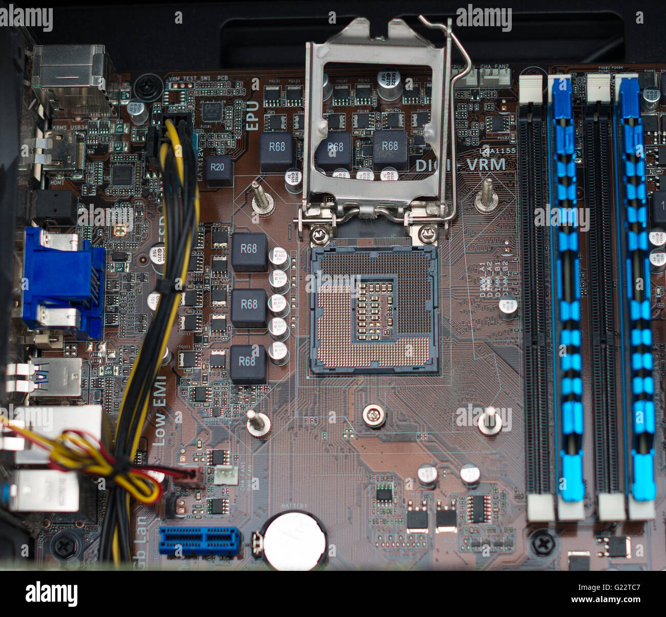 Inside of pc. Motherboard, CPU socket and RAM memory Stock Photo - Alamy