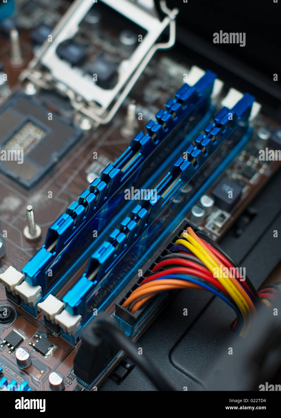 Inside of pc. Motherboard, CPU socket and RAM memory. Stock Photo