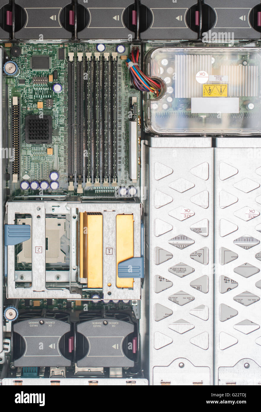 Top view of server pc. Motherboard, CPU, cooler fans and RAM memory. Stock Photo