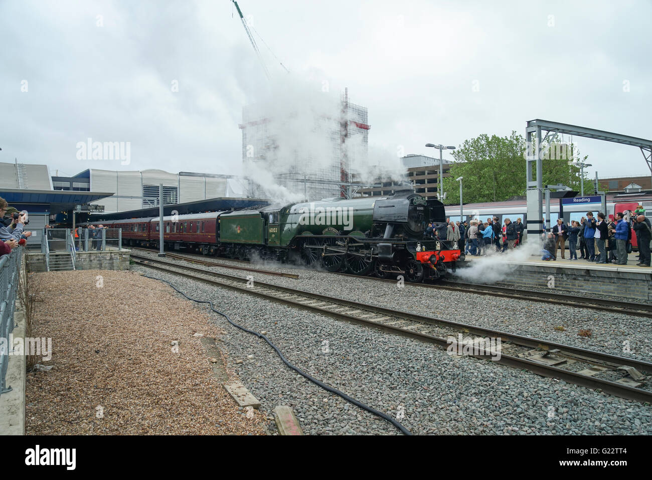 Crowds at Reading Station to See The Flying Scotsman Steam Locomotive -1 Stock Photo
