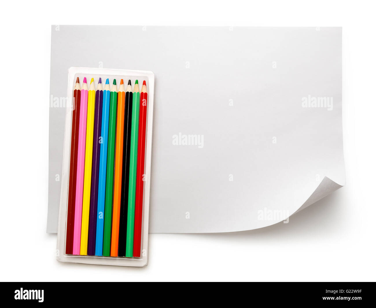 Set of new colourful pencils on blank paper Stock Photo