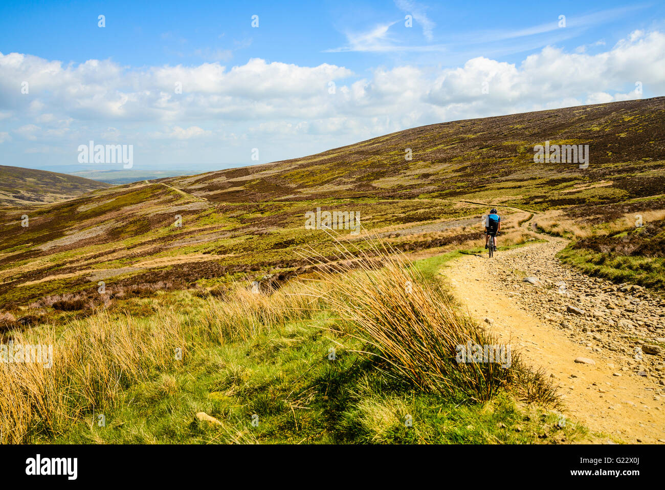 Cyclist on track across the Bowland Fells Lancashire variously known as Salter’s Way Salter Fell Road or Hornby Road Stock Photo