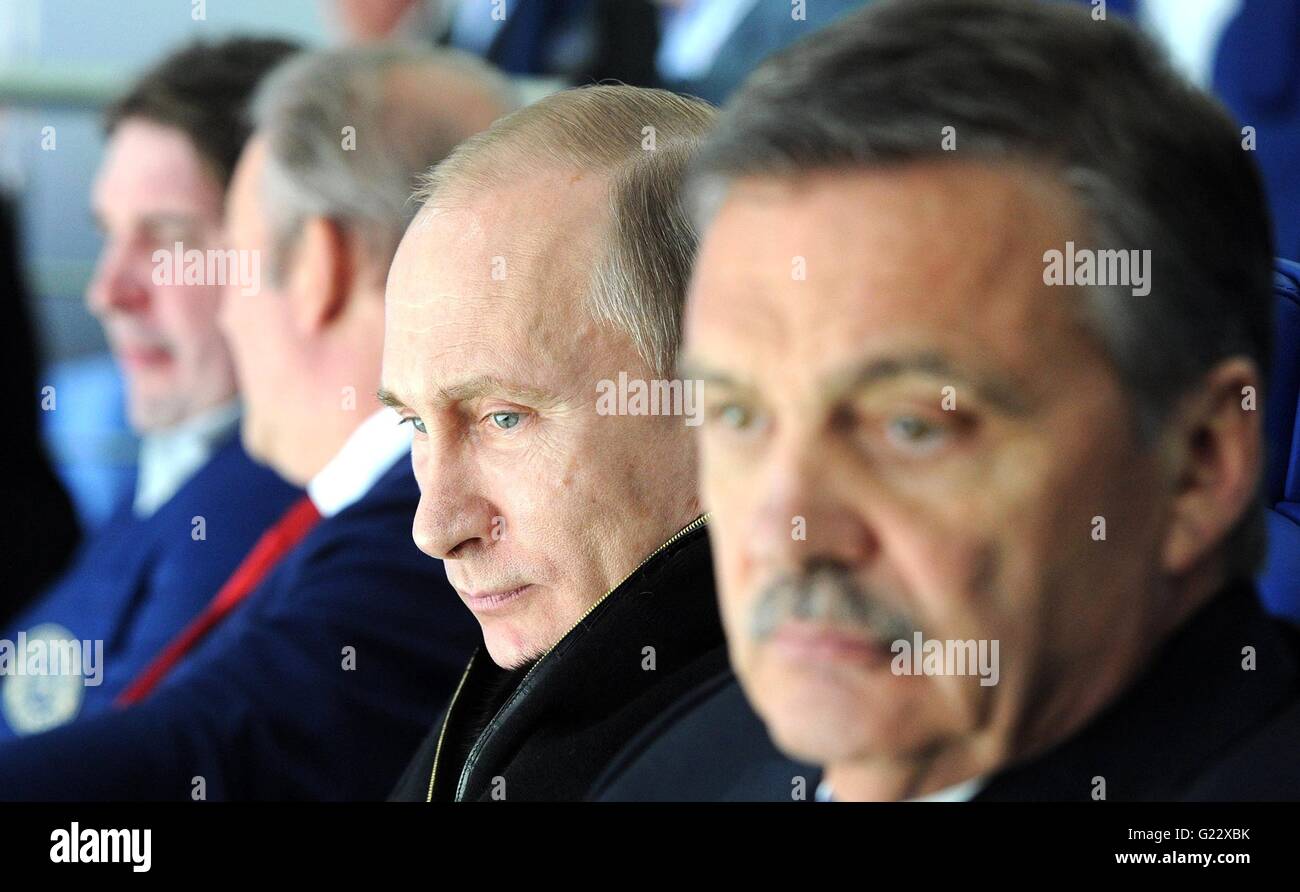 Moscow, Russia. 22nd May, 2016. Russian President Vladimir Putin watches the final match of the Ice Hockey World Championships between Finland and Canada May 22, 2016 in Moscow, Russia. Canada beat Finland 2-0 in the final match for the Gold and Silver with Russia beating the United States to take the Bronze. Credit:  Planetpix/Alamy Live News Stock Photo
