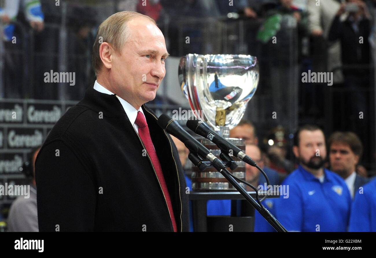 Moscow, Russia. 22nd May, 2016. Russian President Vladimir Putin during the award ceremony for the Ice Hockey World Championships May 22, 2016 in Moscow, Russia. Canada beat Finland 2-0 in the final match for the Gold and Silver with Russia beating the United States to take the Bronze. Credit:  Planetpix/Alamy Live News Stock Photo