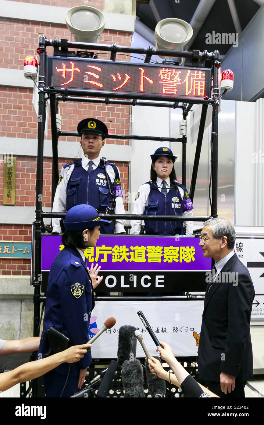 Right) Masahito Kanetaka, chief of the National Police Agency attends a  presentation of the security mesures in Tokyo Station on May 23, 2016,  Tokyo, Japan. Tokyo Metropolitan Police Department has introduced extra