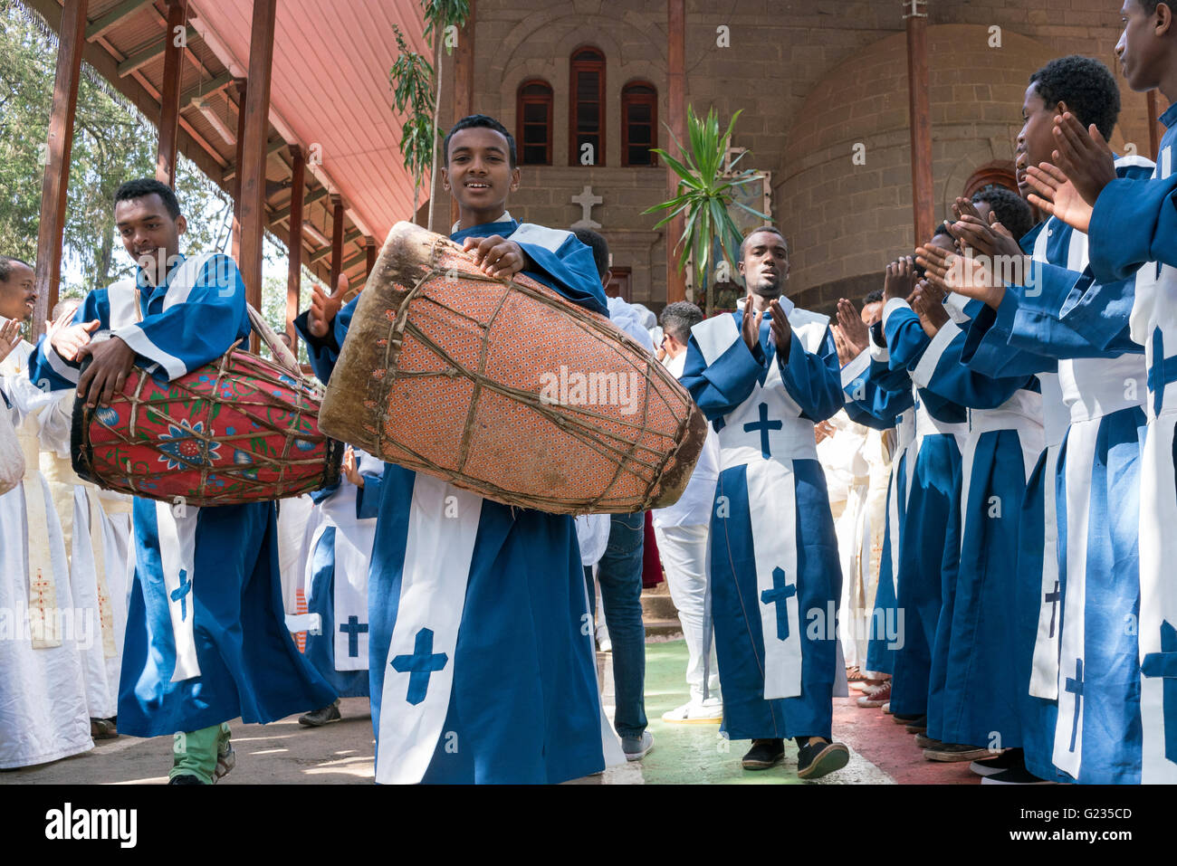 ADDIS ABABA, ETHIOPIA May 21 A young member of the Ethiopian Orthodox Church Choir sing and
