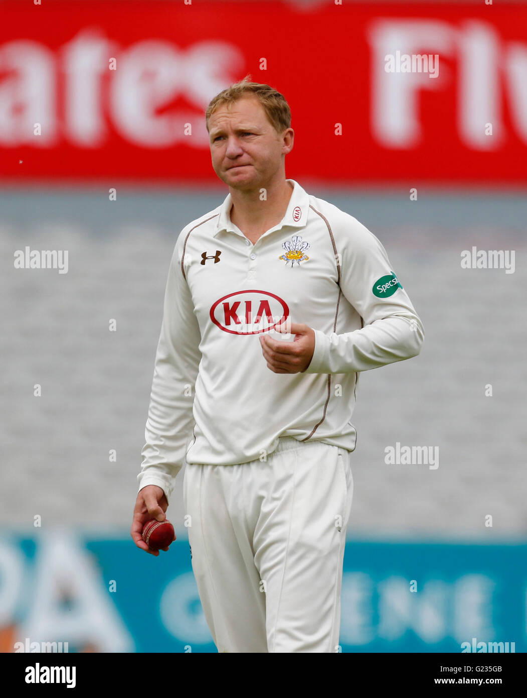 Old Trafford, Manchester, UK. 23rd May, 2016. Supersavers County Championship. Lancashire versus Surrey. Surrey captain, all-rounder Gareth Batty looks on as Lancashire pass his side's 1st innings total of 191. © Action Plus Sports/Alamy Live News Stock Photo