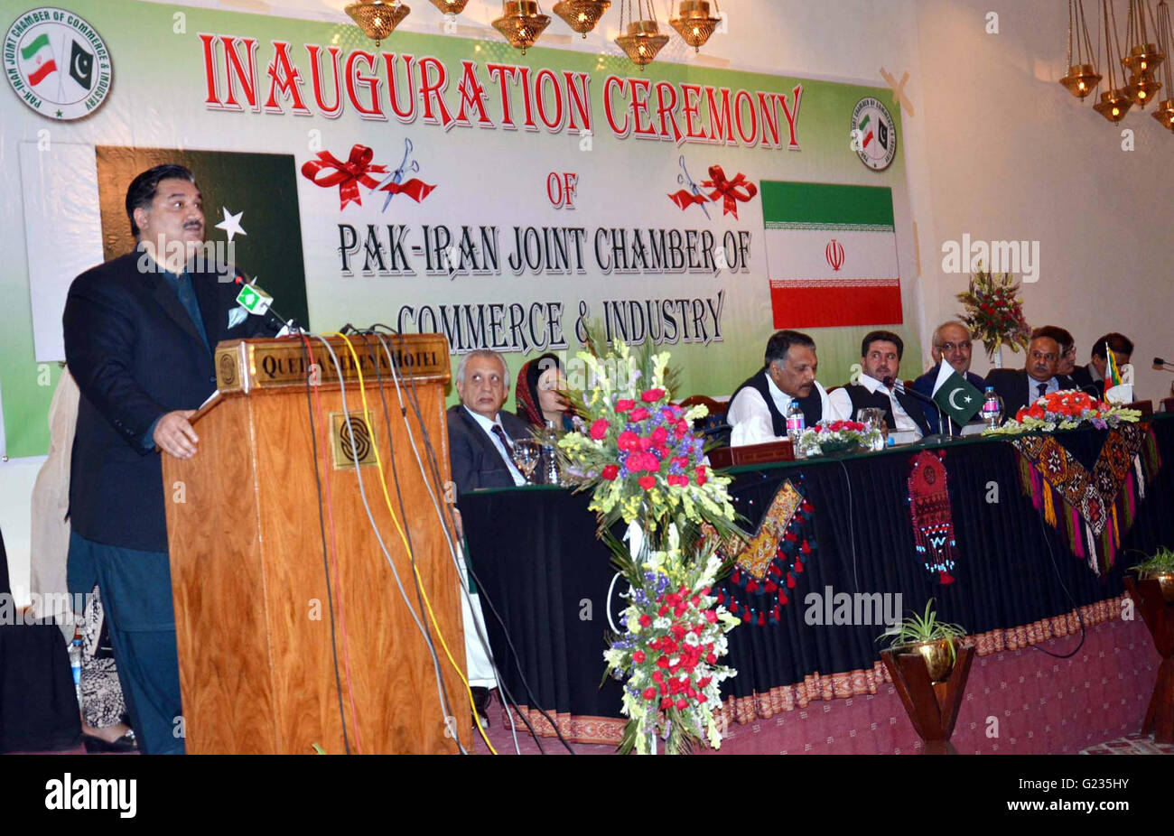 Federal Minister for Commerce. Engineer Khurram Dastagir addresses to attendees during Inauguration Ceremony of Pak-Iran Joint Chamber of Commerce and Industry held at local hotel in Quetta on Monday, May 23, 2016. Stock Photo