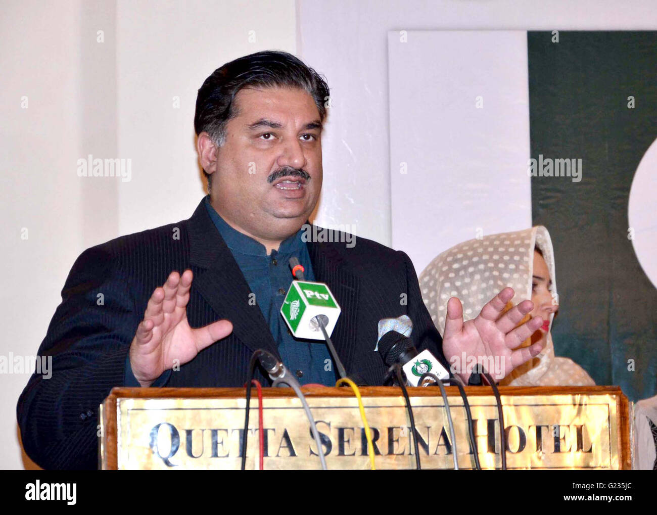 Federal Minister for Commerce. Engineer Khurram Dastagir addresses to attendees during Inauguration Ceremony of Pak-Iran Joint Chamber of Commerce and Industry held at local hotel in Quetta on Monday, May 23, 2016. Stock Photo