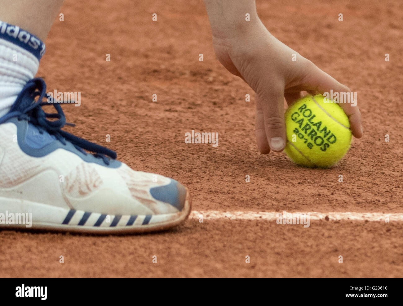 May 23, 2016 Roland Garros tennis ball on clay court ©Leslie Billman