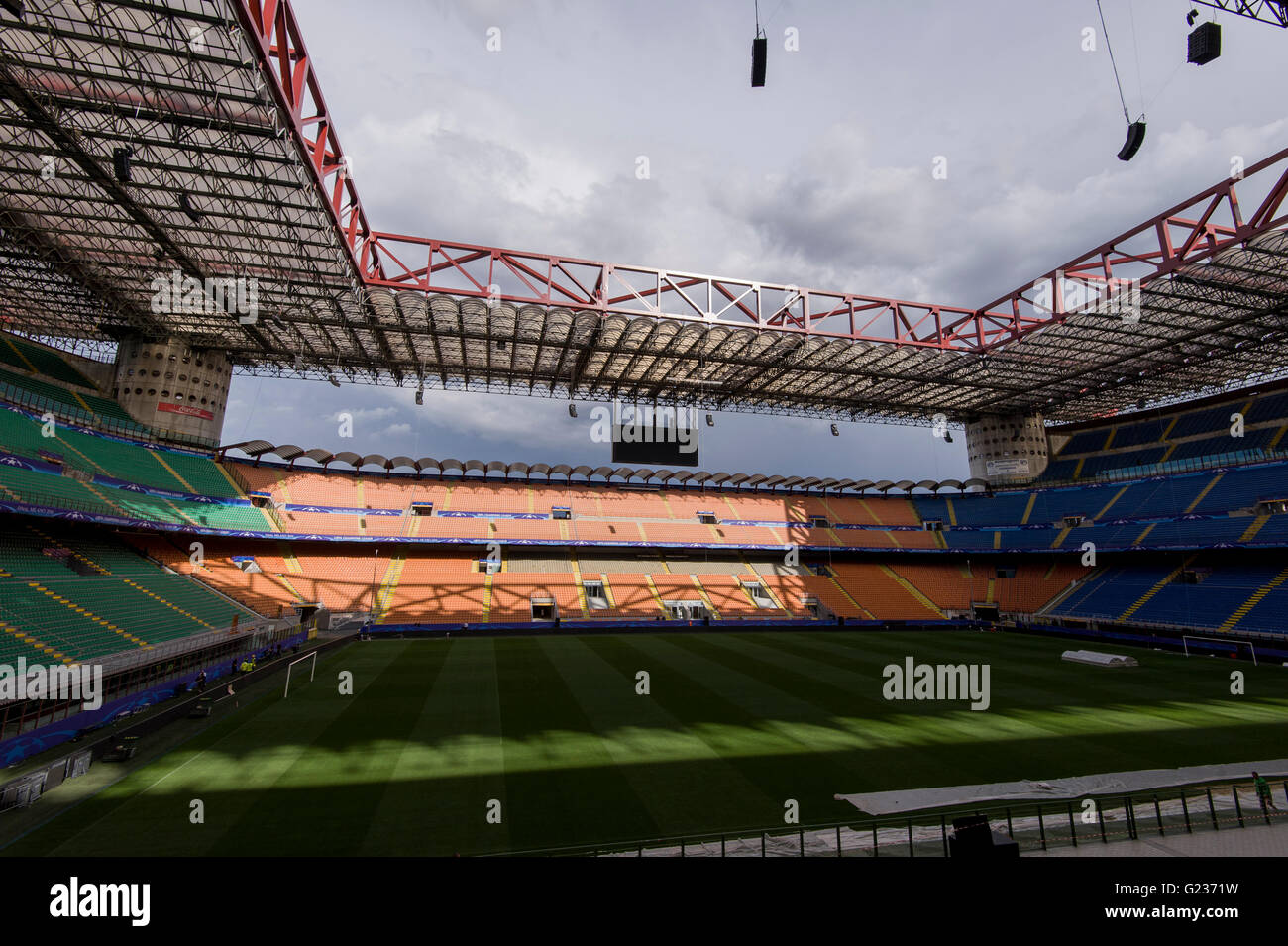 Milan, Italy. 23 may, 2016: Giuseppe Meazza stadium (also known as San Siro) will host the Champions League final between Real Madrid Cub de Futbol and Club Atletico De Madrid Stock Photo