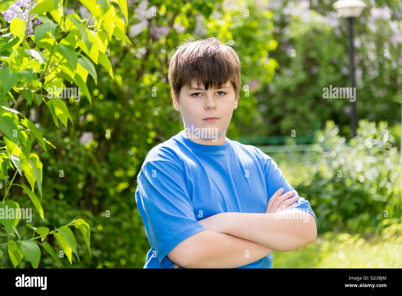 The boy crossed his arms in summer park Stock Photo