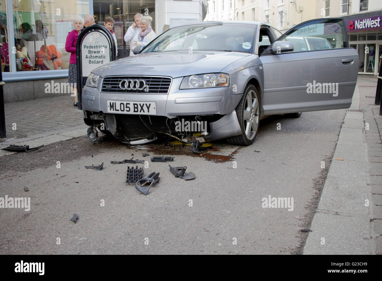 A sliver Audi is impaled on a rising bollard traffic calming device in Falmouth.  1st November 2015 Stock Photo