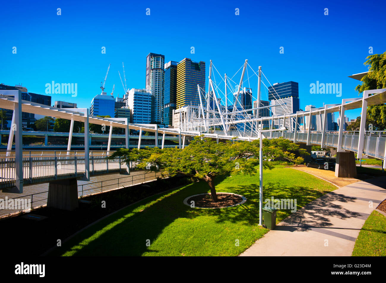 Brisbane, Australia skyline from the Kurilpa bridge over the Brisbane river. Stock Photo