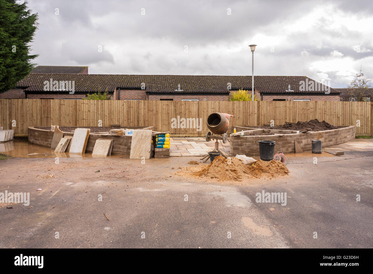 Small scale building wall and patio. Stock Photo