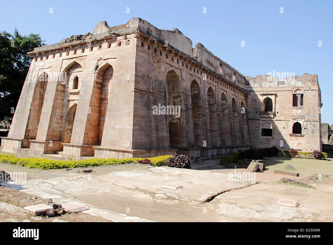 View of Hindola Mahal or Swinging Palace audience hall with sloping side walls at Mandu, Madhya Pradesh, India, Asia Stock Photo