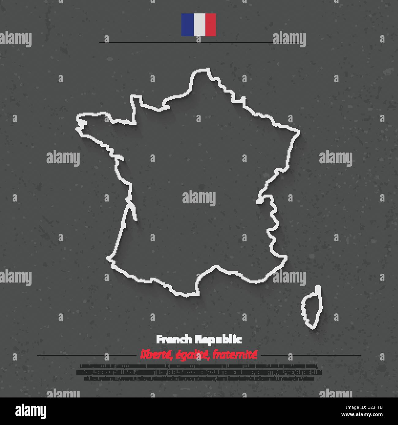 French Republic map outline and official flag icon over grunge background. vector France political map 3d illustration. European Stock Vector
