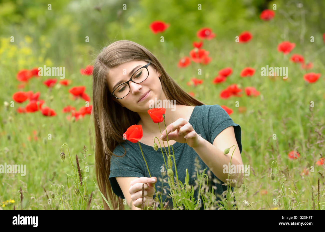 Portrait of young girl in a poppy field Stock Photo