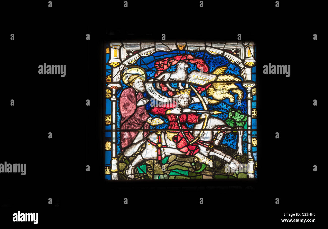 One of the117 story panels in the medieval century stained glass window at the east end of York Minster (cathedral), England,. Stock Photo