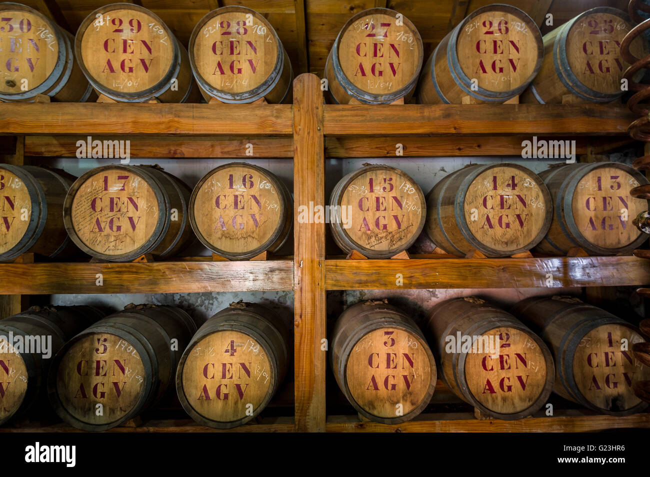 Rum wooden barrels at storage room Stock Photo