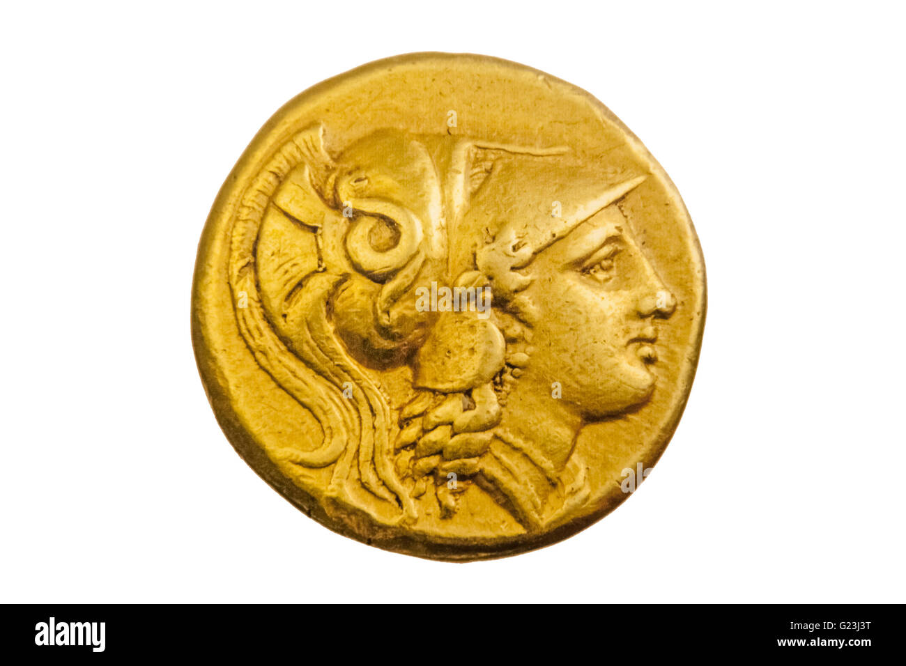 Ancient Greek gold coin, Alexander the Great, 3rd century BC, in white background Stock Photo