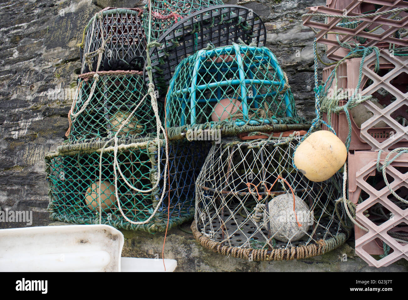 Cornish crab pots at Mevagissey Harbour Cornwall Great Britain Stock Photo
