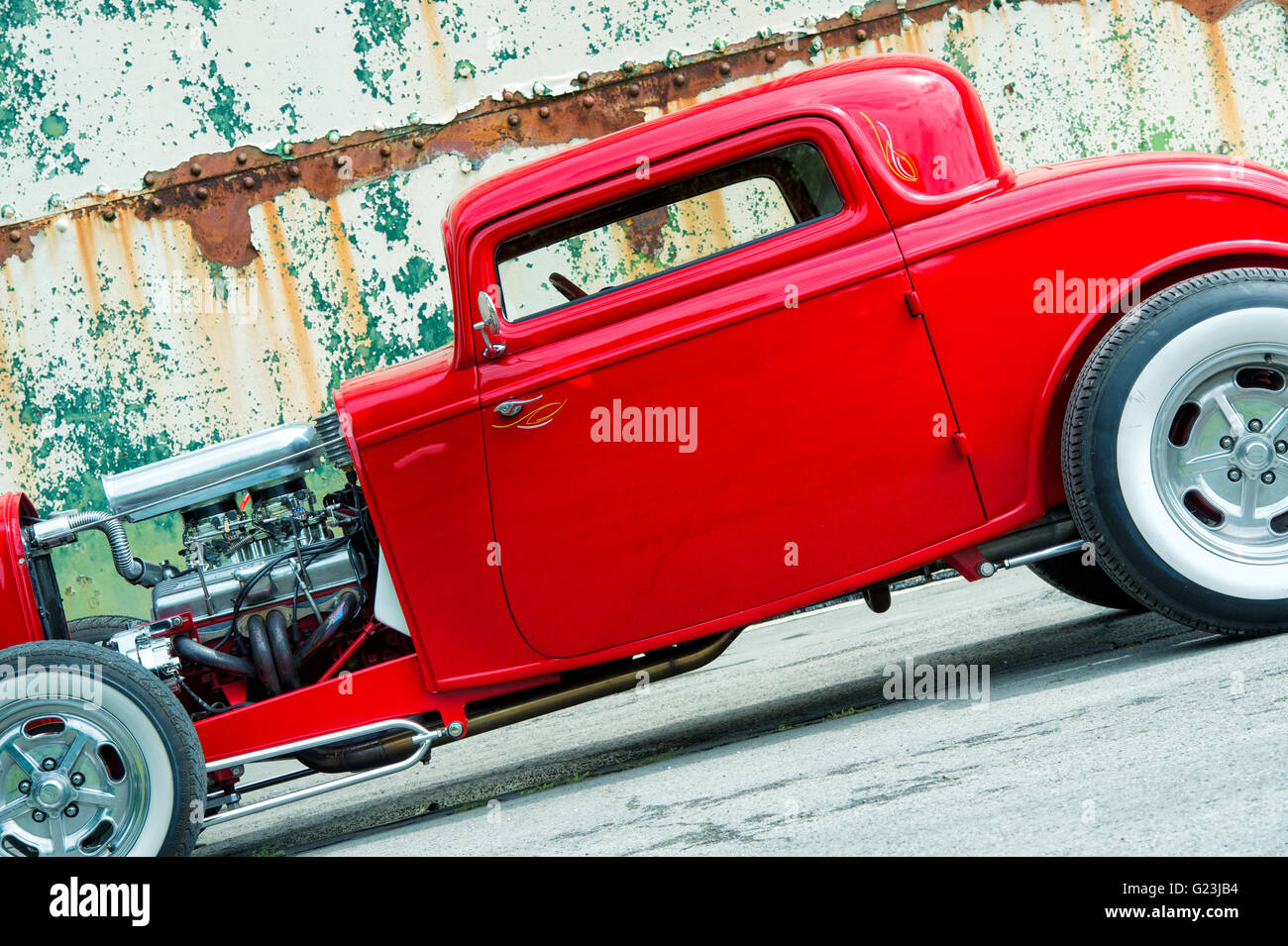 1932 Red Custom Hot Rod Coupe car at Bicester Heritage centre Stock
