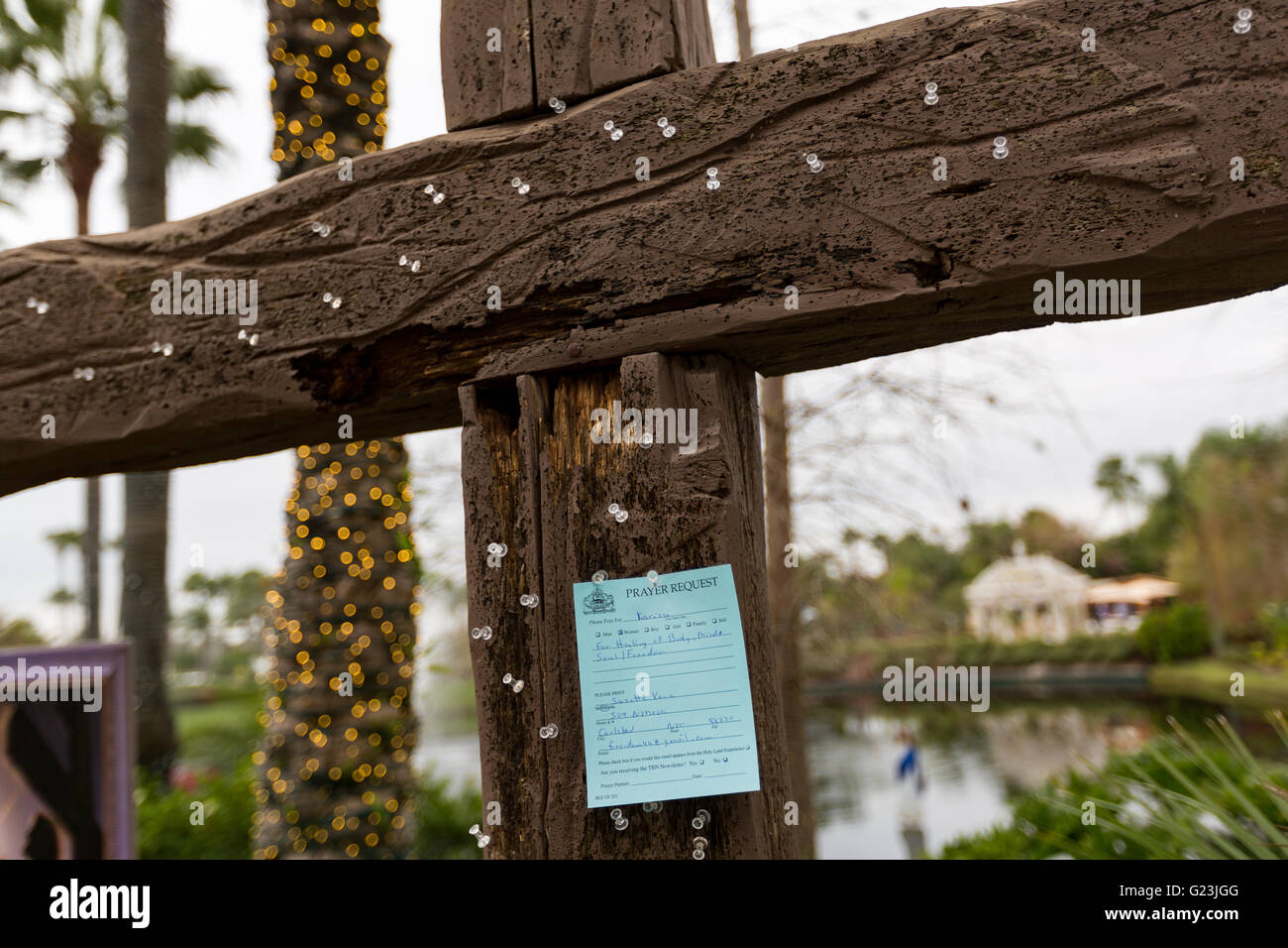 The testimony cross where you can nail your burdens and prayer requests at the Holy Land Experience Christian theme park in Orlando, Florida. Stock Photo
