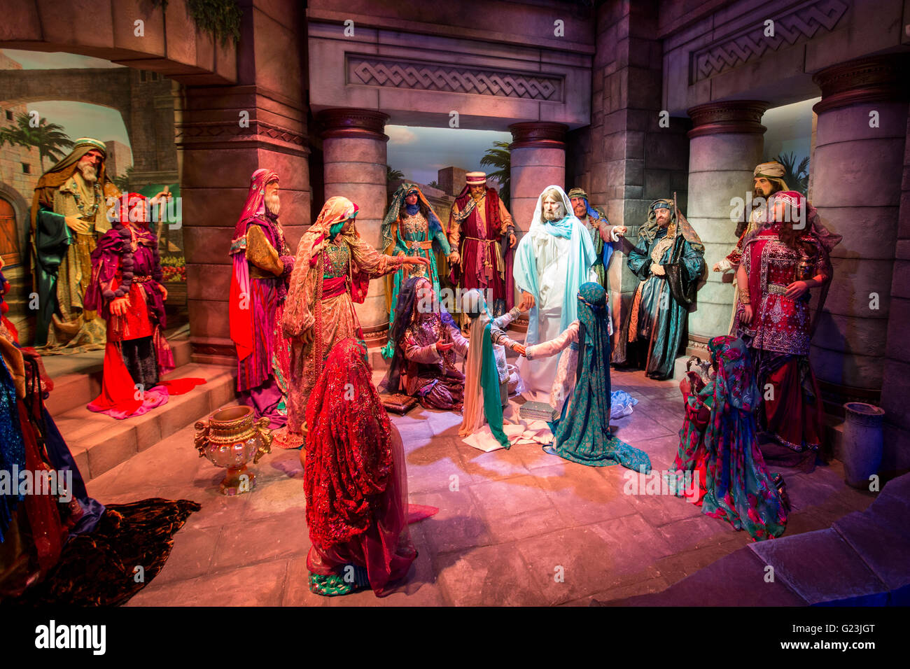 A scene from the life of Jesus in the Scriptorium at the Holy Land Experience Christian theme park in Orlando, Florida. Stock Photo