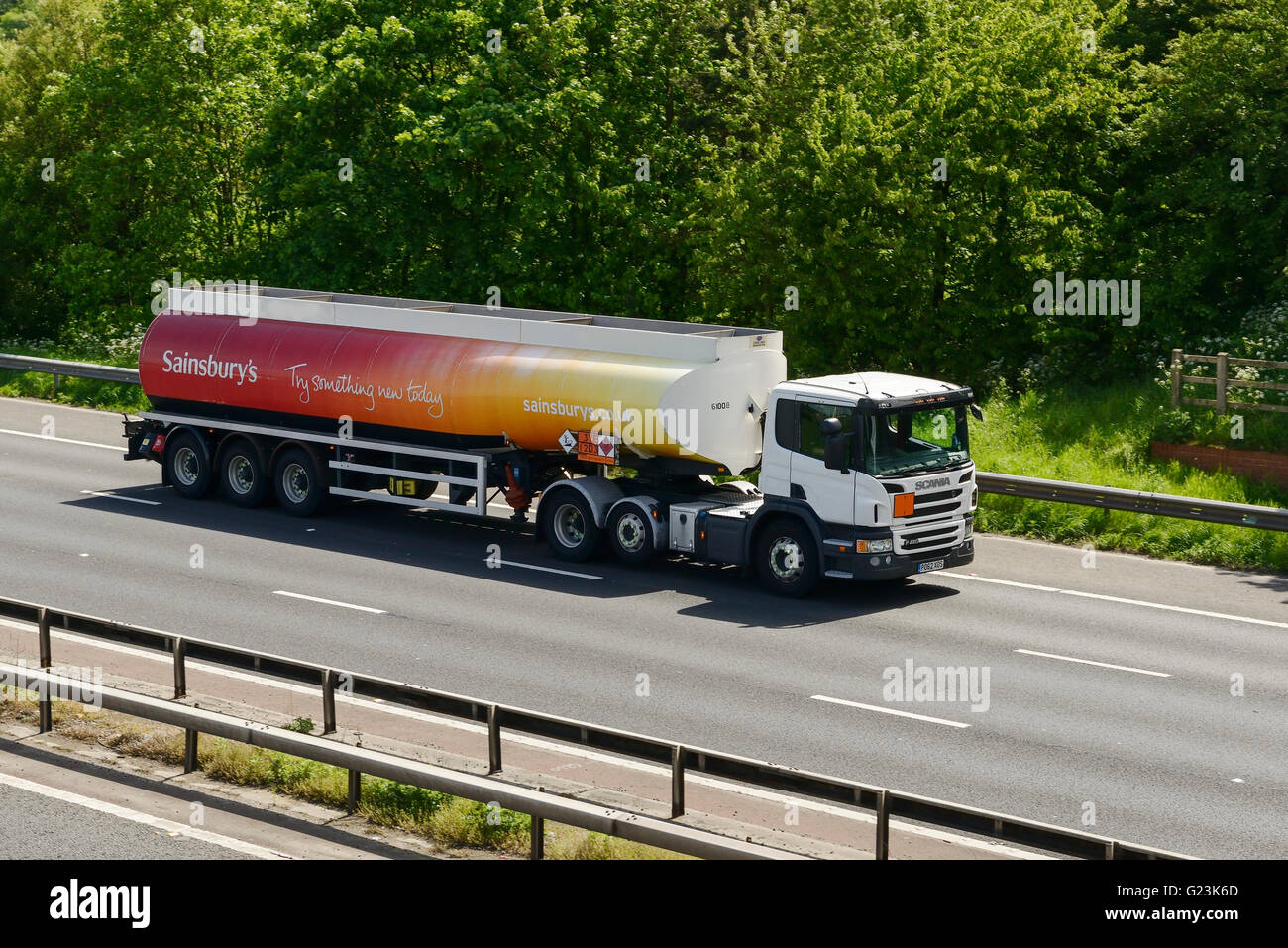 Sainsburys fuel tanker HGV travelling on the M56 motorway in Cheshire UK Stock Photo
