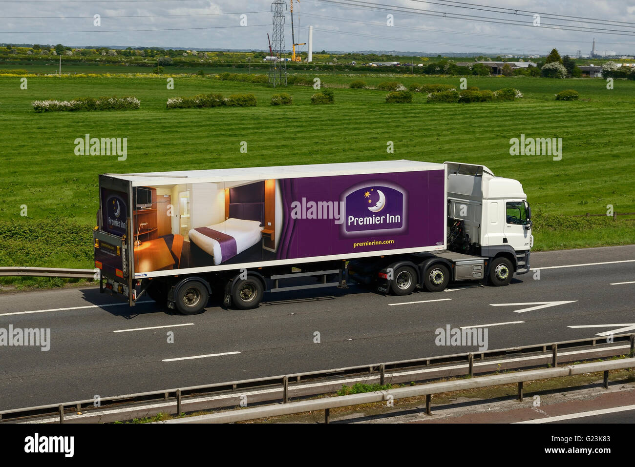 Premier Inn HGV travelling on the M56 motorway in Cheshire UK Stock Photo
