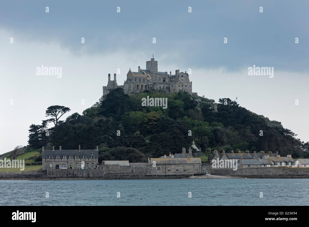 St Michael's Mount island at high tide taken from a boat. Stock Photo
