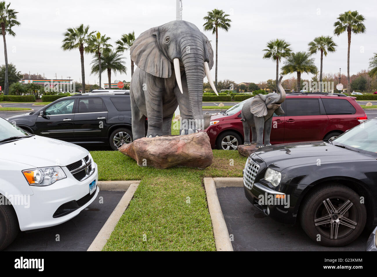 Plastic elephants decorate the parking lot of the Holy Land Experience Christian theme park in Orlando, Florida. Stock Photo