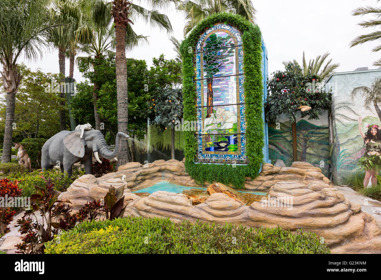 A menagerie of plastic animals in the Garden of Eden recreation at the Holy Land Experience Christian theme park in Orlando, Florida. Stock Photo