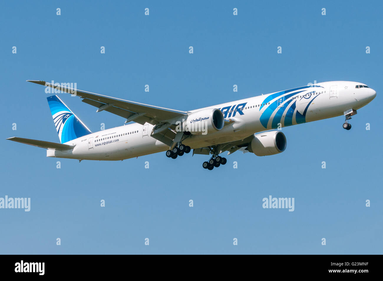 London, UK, April 9th 2011: a Boeing 777 of national airline Egyptair in short final for landing at Heathrow. Stock Photo