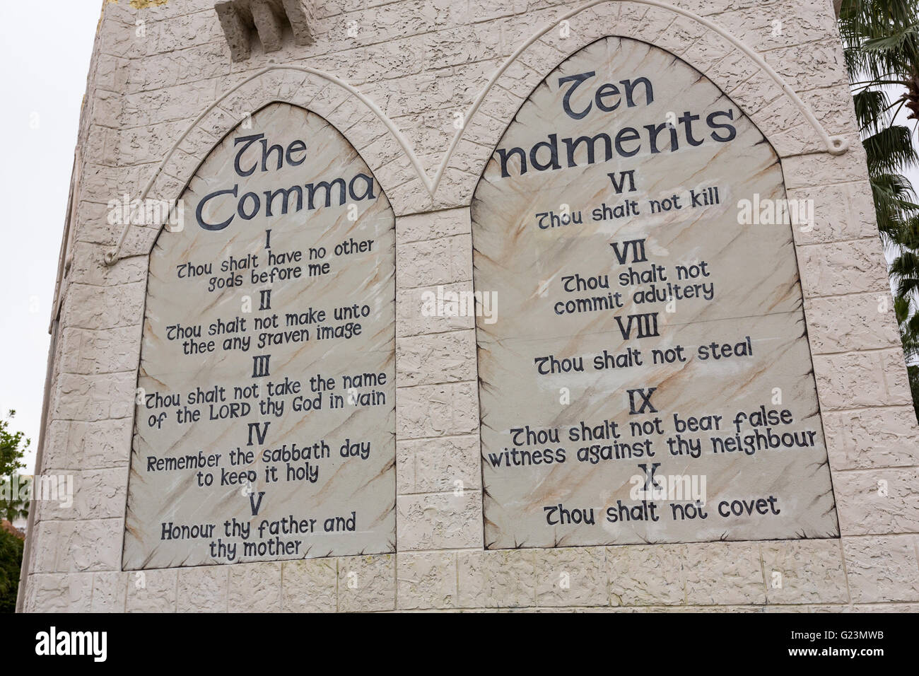 Replica of the Ten Commandments at the Holy Land Experience Christian theme park in Orlando, Florida. Stock Photo
