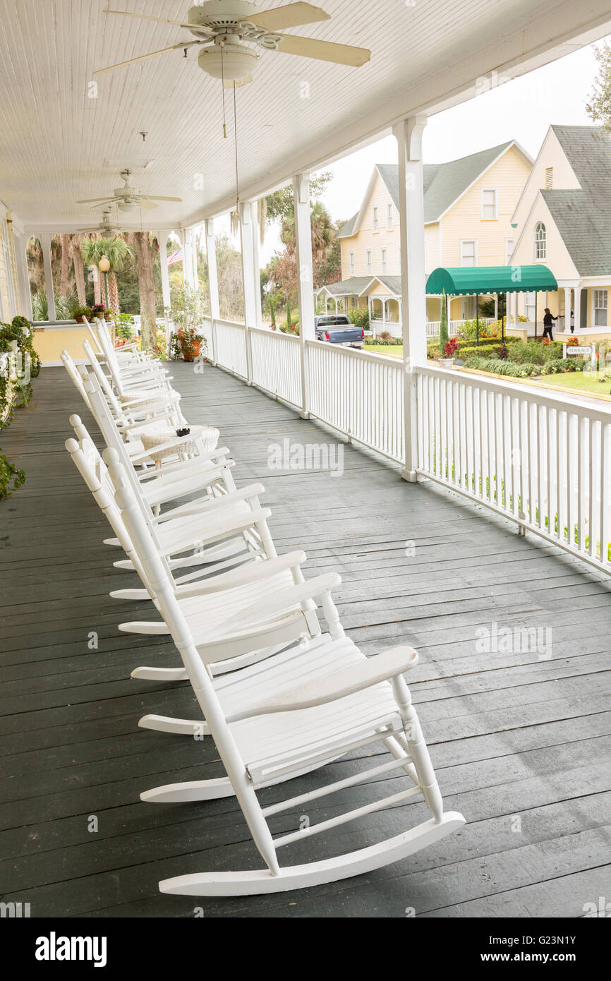 Rocking chairs line the porch of the historic Lakeside Inn in Mount ...