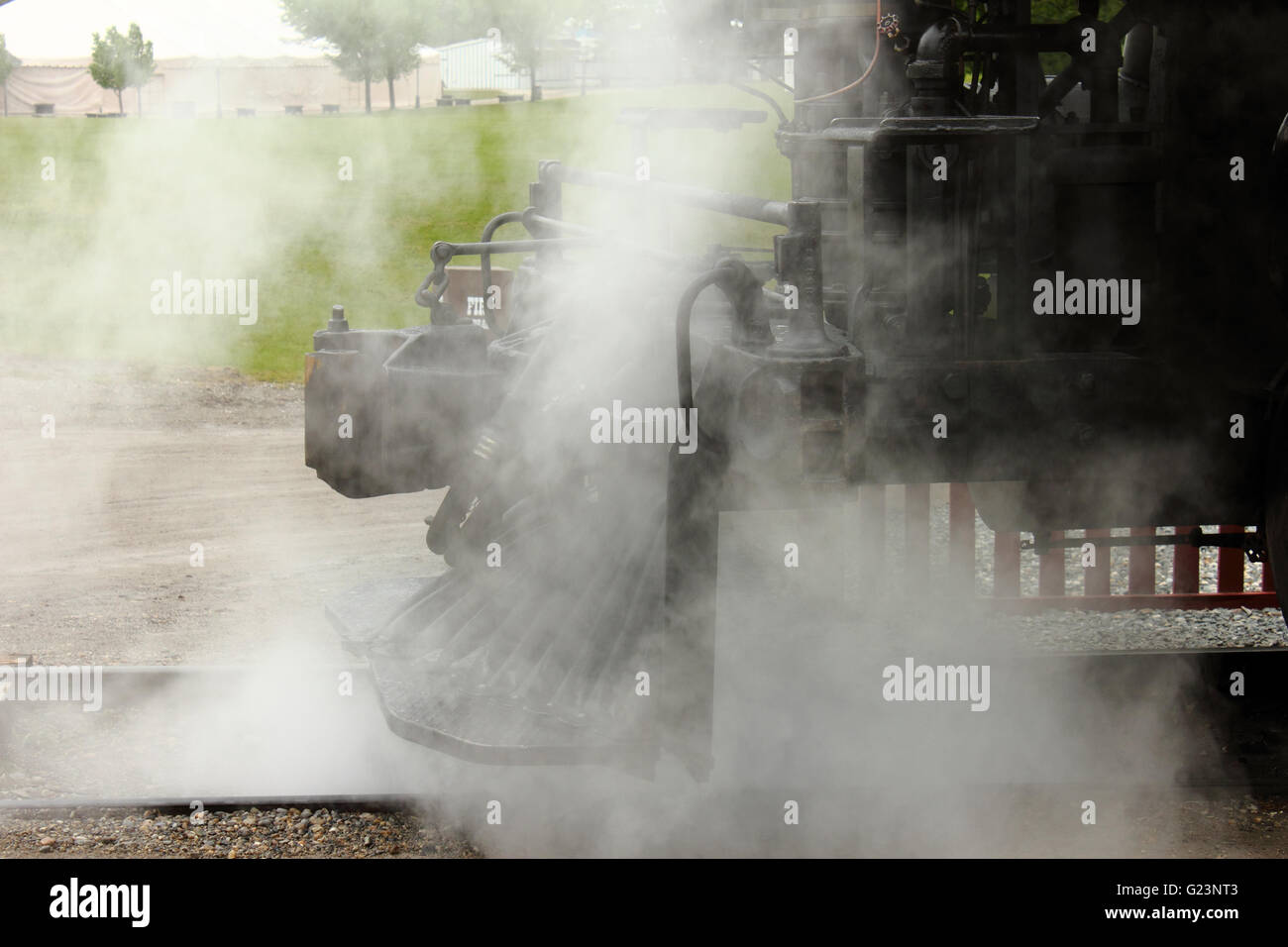 Steam rising from a restored steam engine locomotive at Heritage Park ...