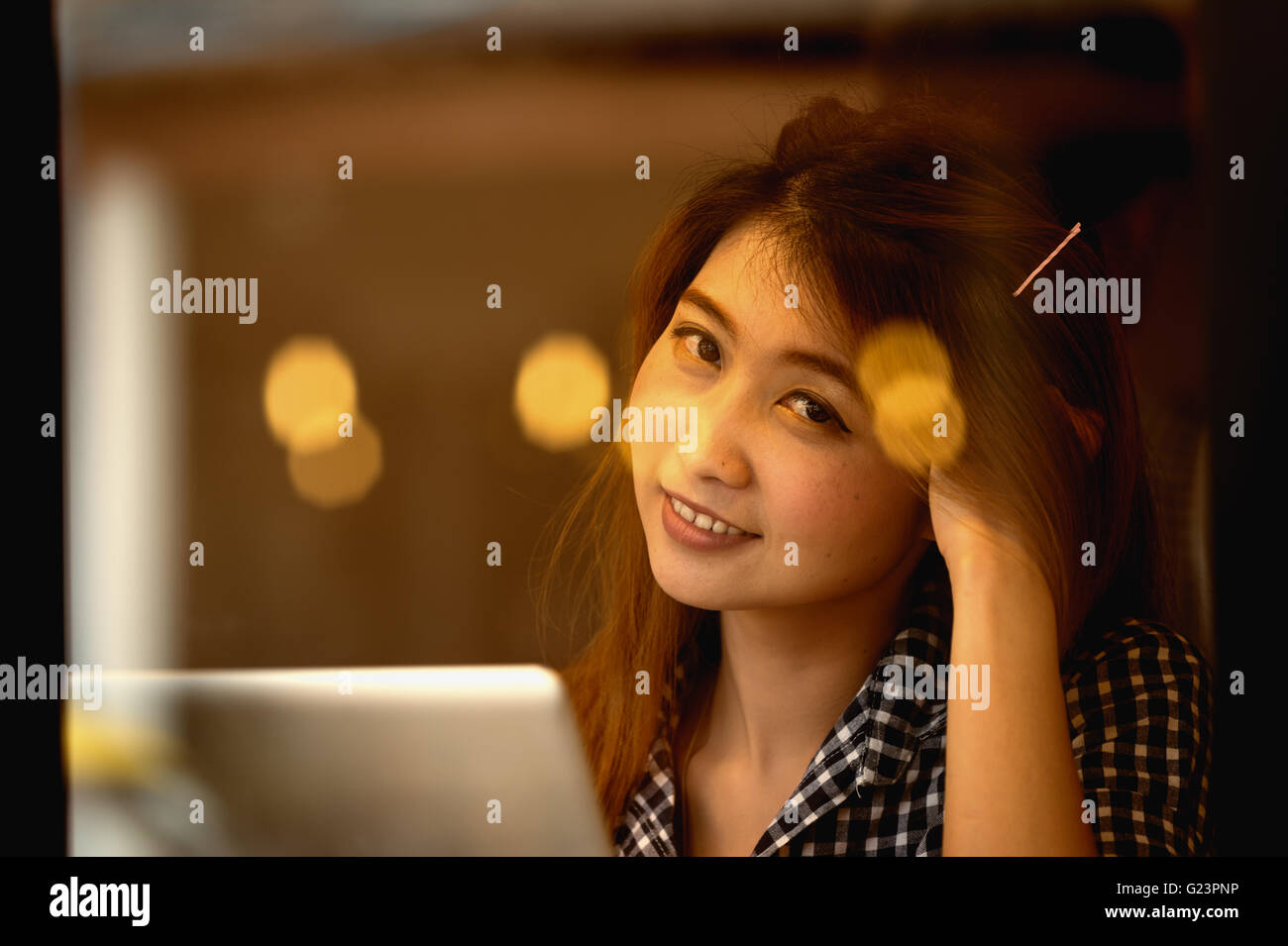 Portrait asia young woman working on laptop in coffee shop, Vacations ...