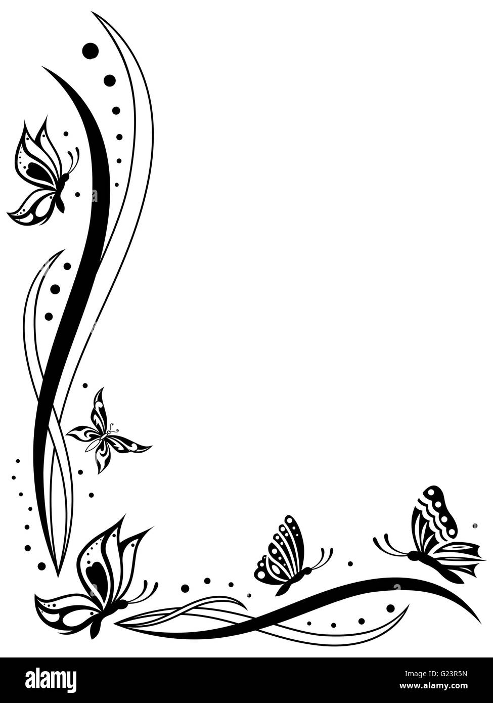 Floral greeting card with butterflies, black vector outlines on the white background with the place for text Stock Vector