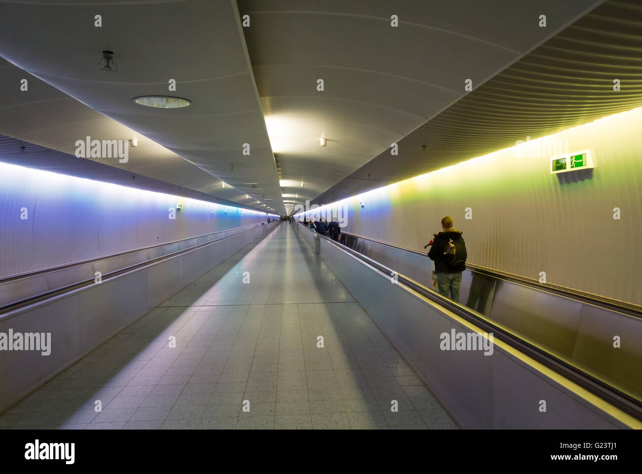 Transfer passengers on moving walkways or travelators at Frankfurt Airport, Germany.  Flughafen Frankfurt am Main. Stock Photo
