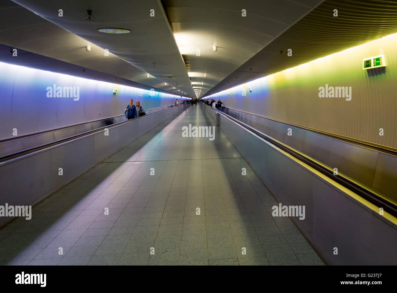 Transfer passengers on moving walkways or travelators at Frankfurt Airport, Germany.  Flughafen Frankfurt am Main. Stock Photo