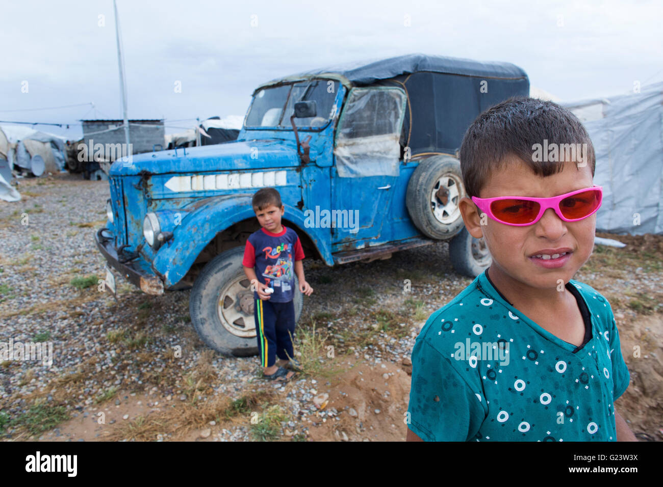 UAZ oldtimer truck in Iraqi refugee camp Stock Photo