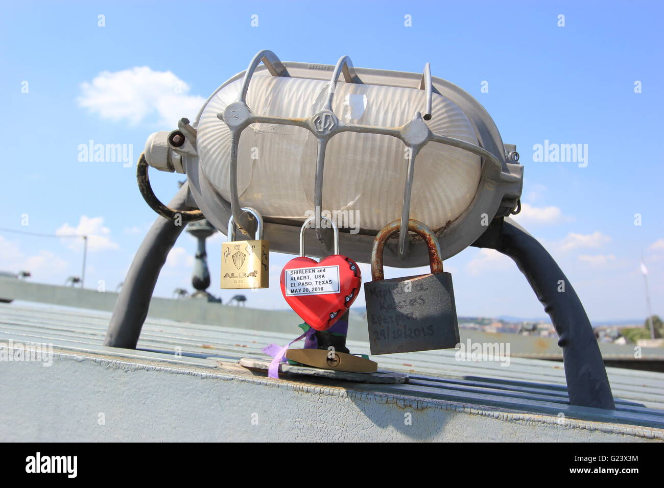 Padlocks showing love, Chain Bridge, Pest, Budapest, Hungary Stock