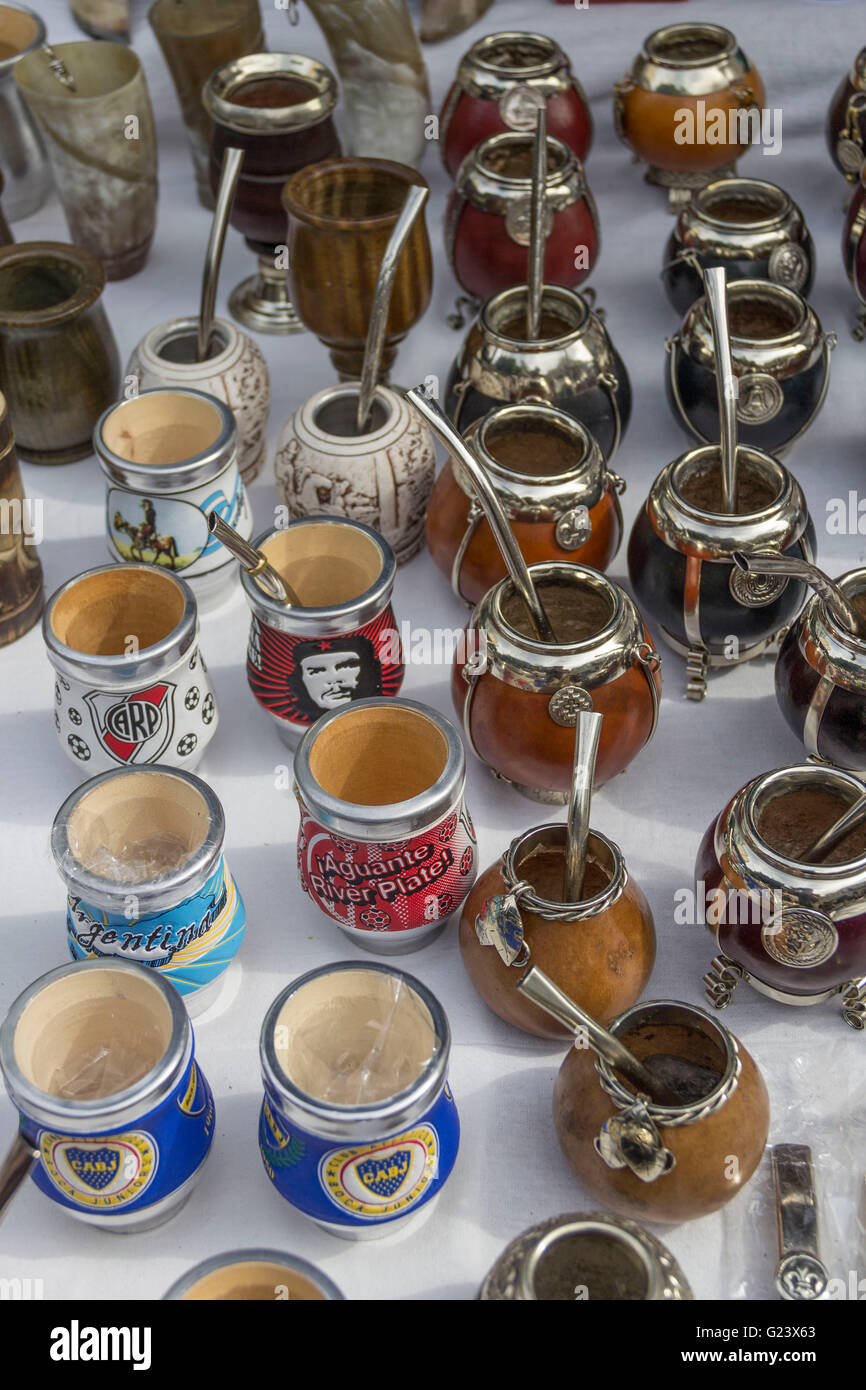 Mate tea cups,  Antique market, Plaza Dorrego,  San Telmo,  Buenos Aires, Argentina Stock Photo