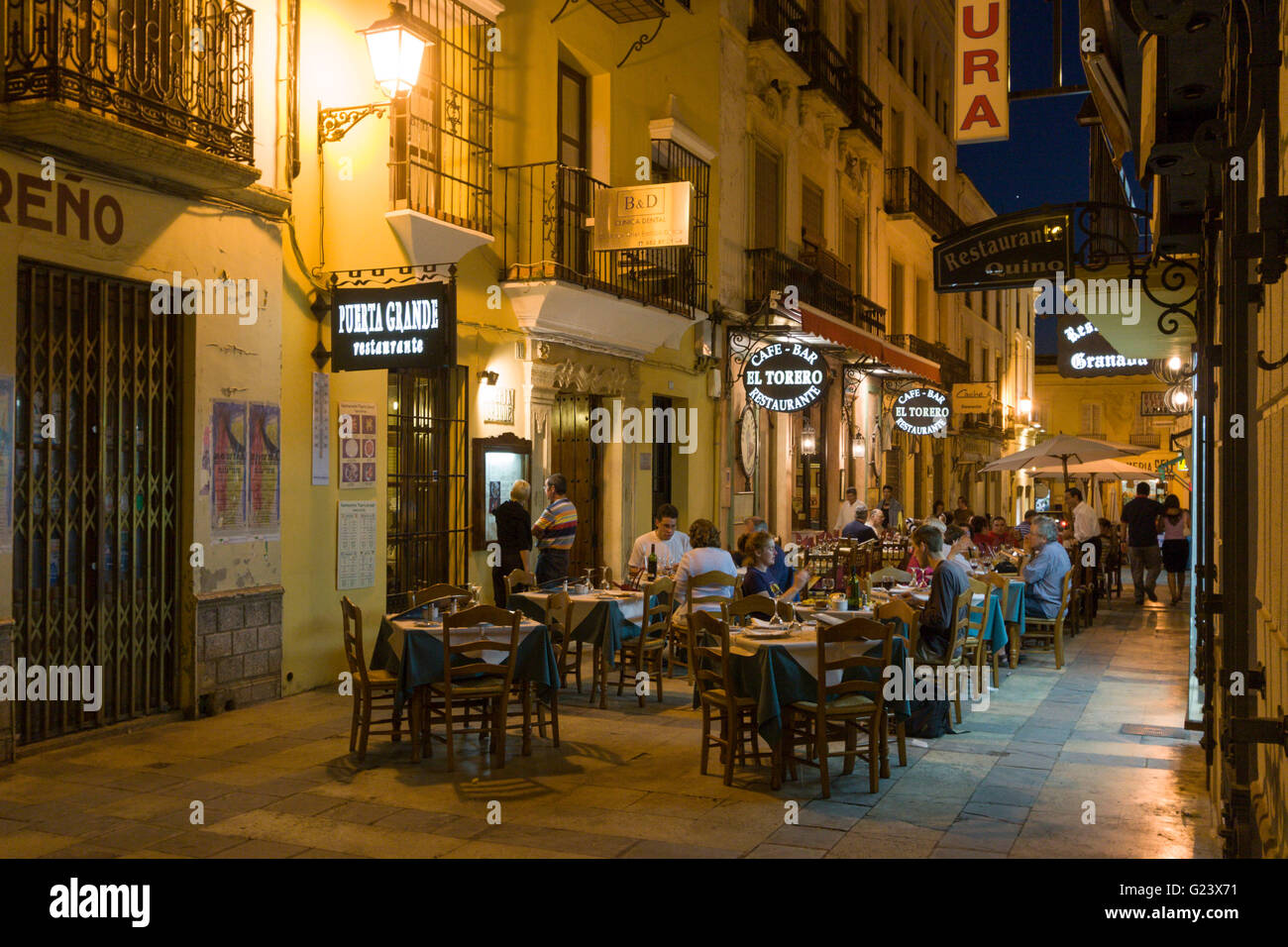 Restaurants outdoor,  twilight, Ronda, Andalusia, Spain Stock Photo