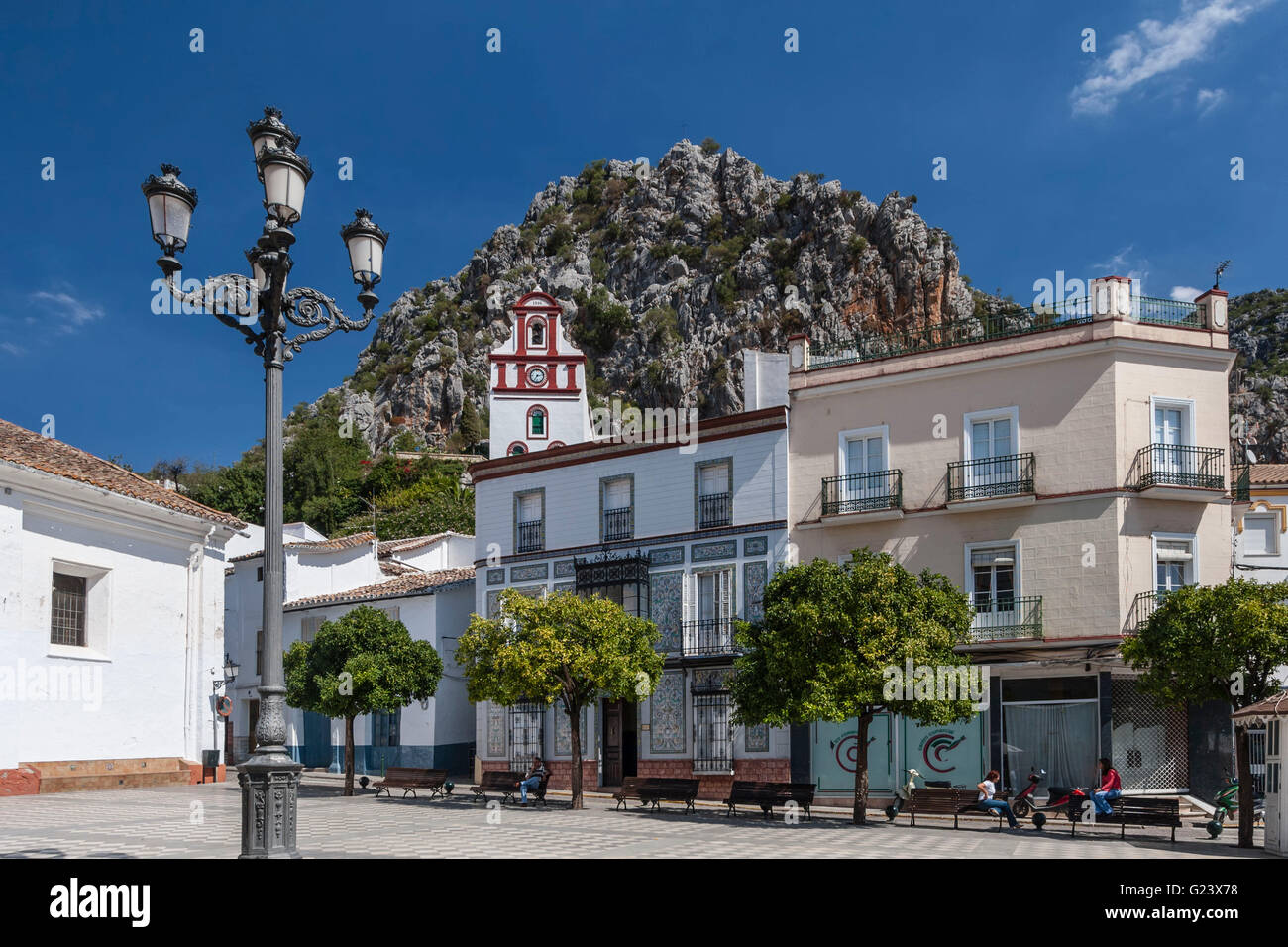 white town of Grazalema, bell tower, square, Andalusia, Spain Stock Photo