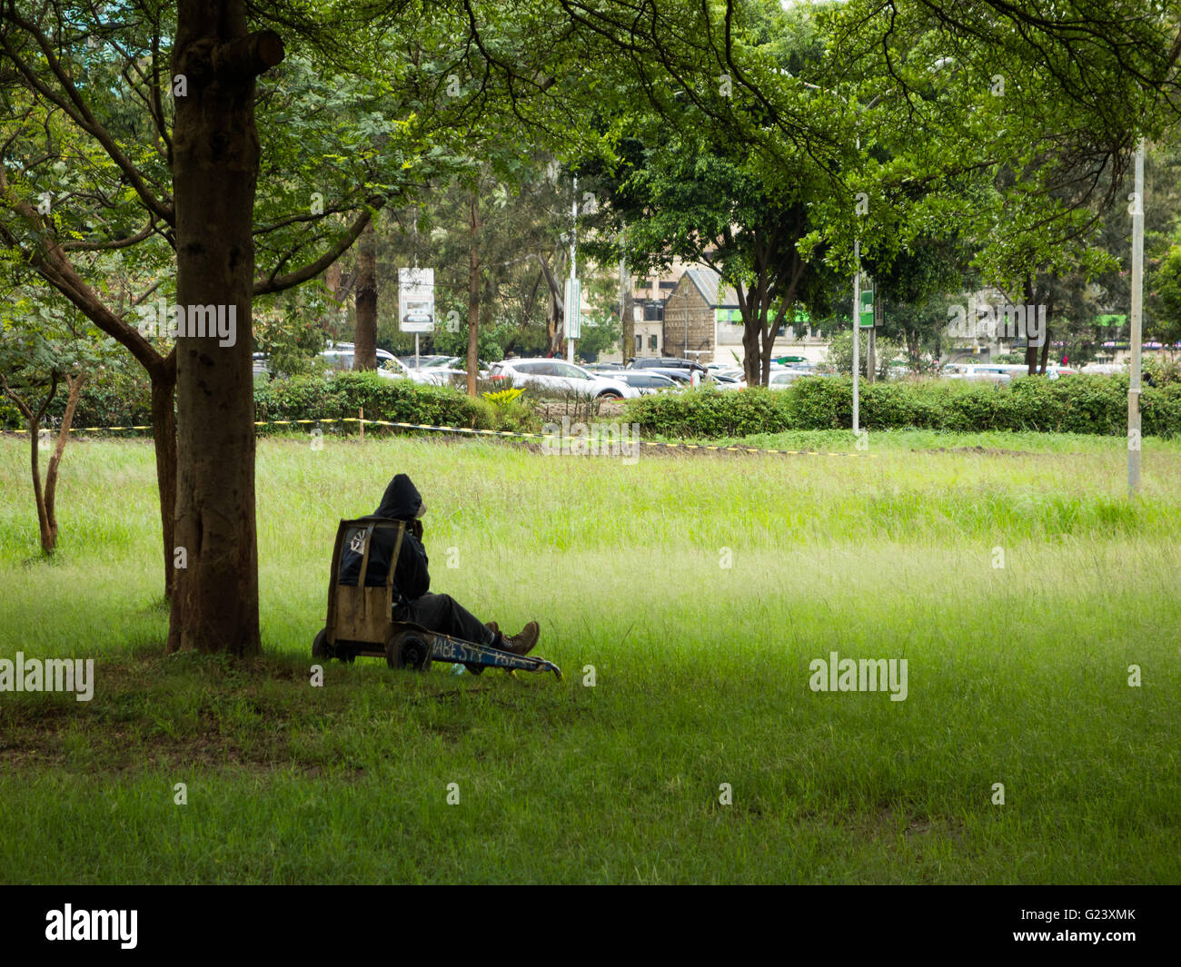 A man sits under a tree on his barrow in Central Park, Nairobi, Kenya Stock Photo