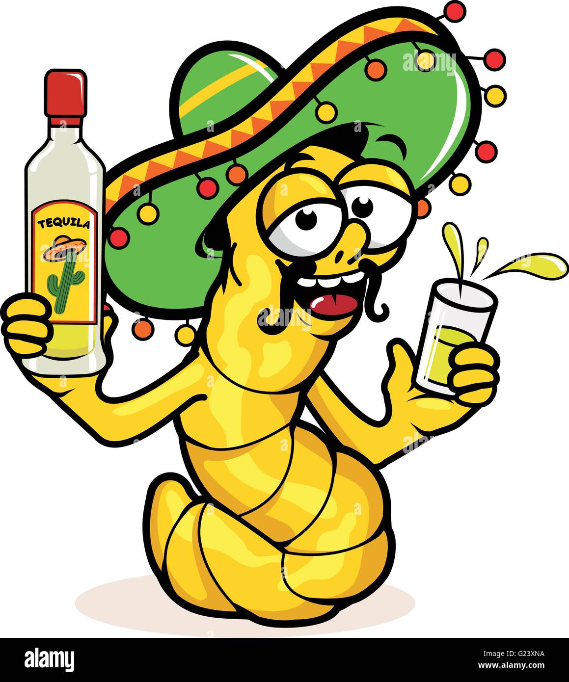 Vector illustration of a cartoon drunk tequila worm holding a bottle